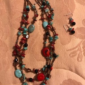Turquoise/black/red stones necklace/earrings.